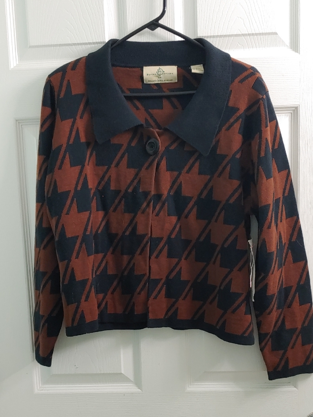 Vintage Design Options Brown Houndstooth Cardigan Philip & Jane Gordon Women's L